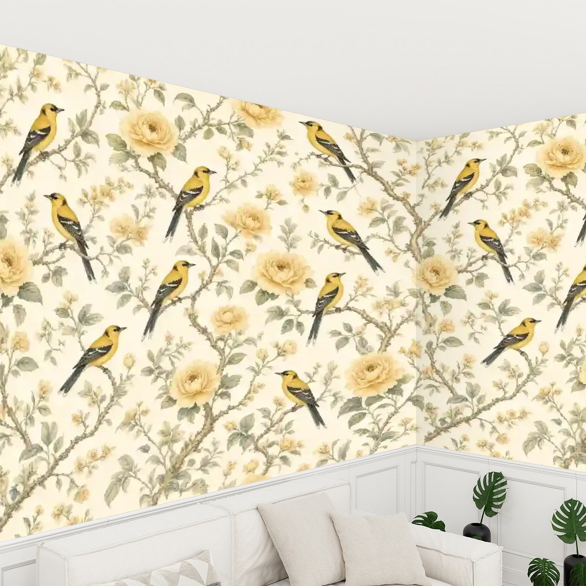 Yellow Birds & Roses Botanical Peel and Stick Wallpaper – Cheerful Nature & Classic Floral Decor
