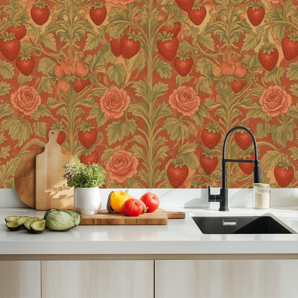 Golden Rose Garden Peel and Stick Wallpaper – Terracotta Floral & Maximalist Decor