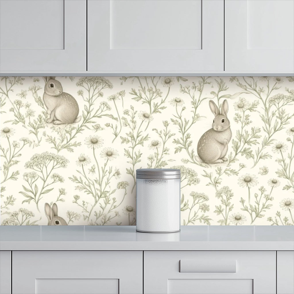 Meadow Rabbit Peel and Stick Wallpaper – Whimsical Nursery & Cottagecore Kids Room