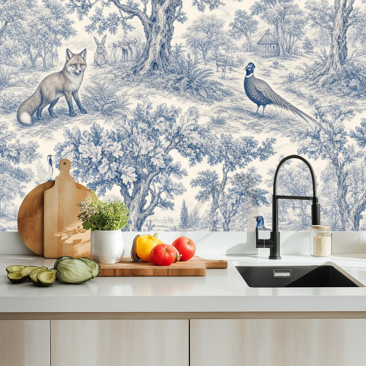 Blue & White Toile de Jouy Peel and Stick Wallpaper – Classic Countryside & Grand Heritage Decor