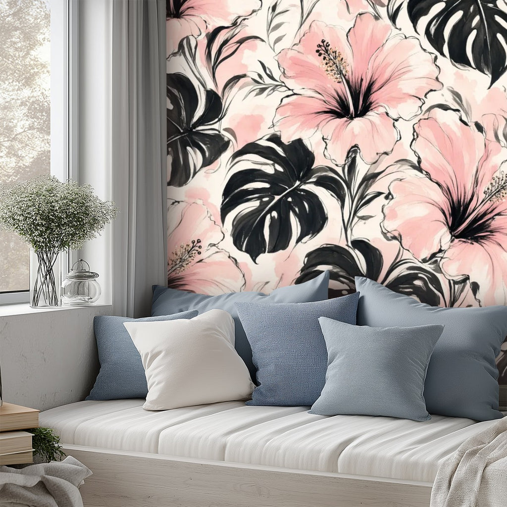 Pink Hibiscus and Monstera Peel and Stick Wallpaper