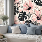Pink Hibiscus and Monstera Peel and Stick Wallpaper