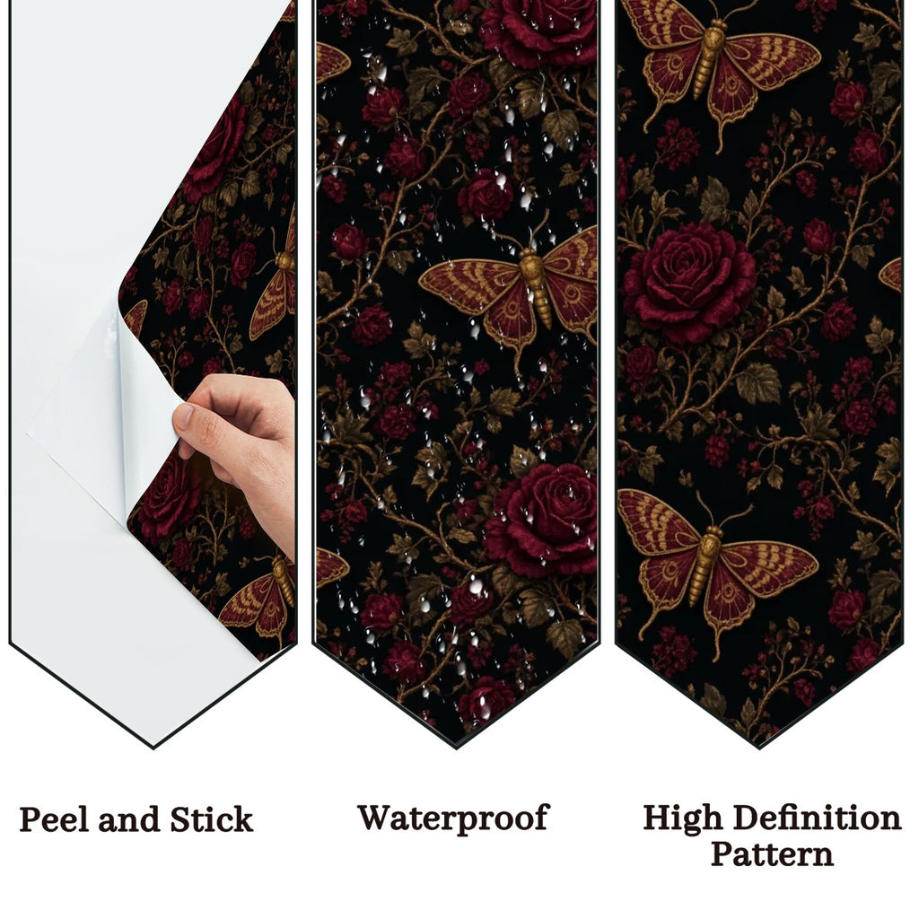 Dark Moth & Rose Peel and Stick Wallpaper – Moody Floral & Gothic Bedroom Decor