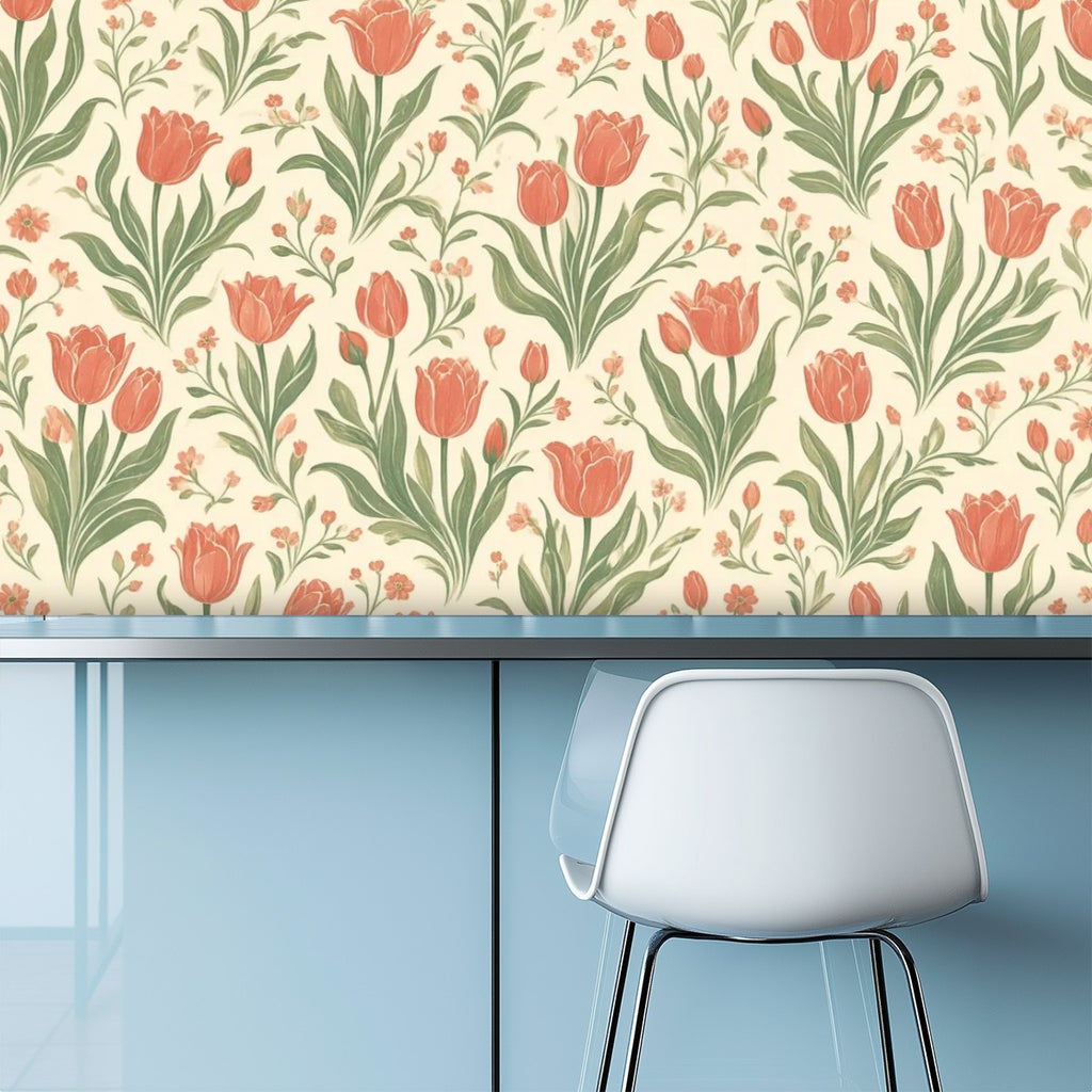 Coral Tulip Garden Peel and Stick Wallpaper