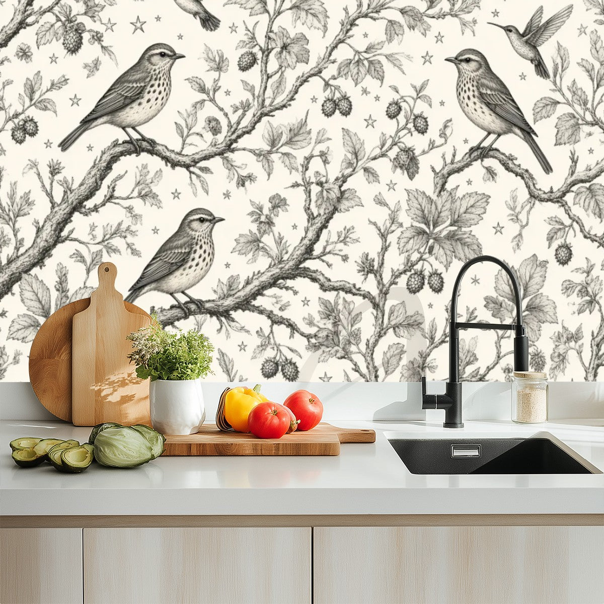 Bird Toile Peel and Stick Wallpaper – Classic Nursery & Nature-Inspired Decor