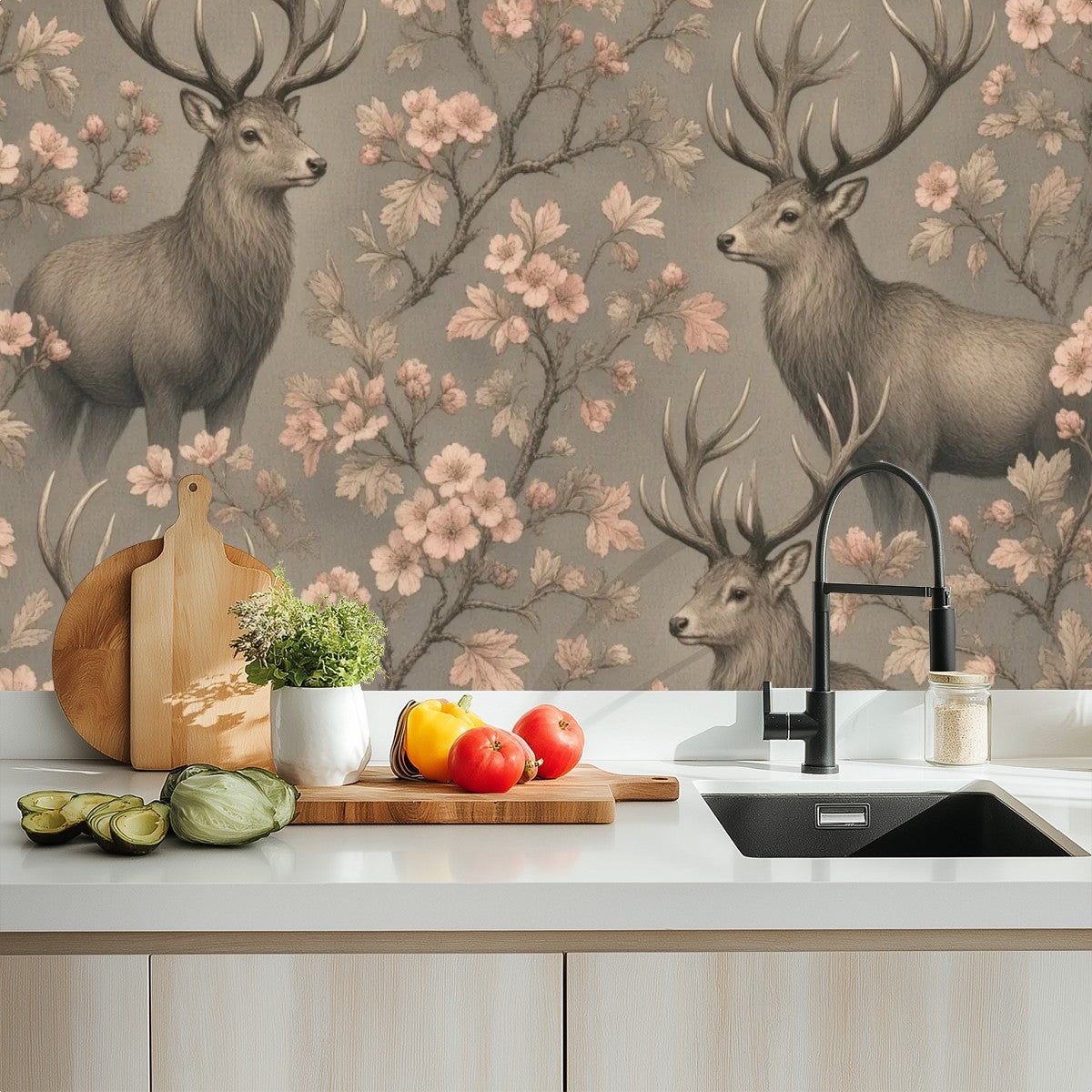 Stag & Blossom Peel and Stick Wallpaper – Moody Floral & Grand Heritage Nature Decor