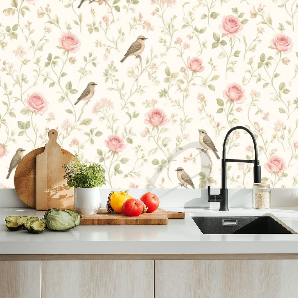 Garden Birds & Roses Peel and Stick Wallpaper – Floral Nursery & Nature Kids Room