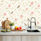 Garden Birds & Roses Peel and Stick Wallpaper – Floral Nursery & Nature Kids Room