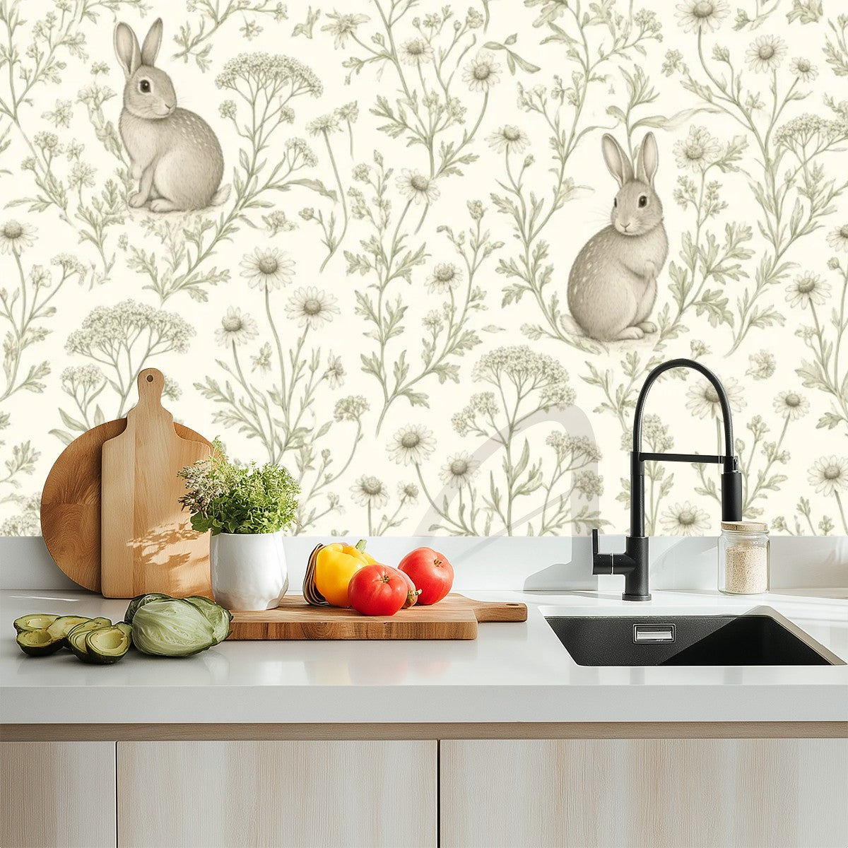 Meadow Rabbit Peel and Stick Wallpaper – Whimsical Nursery & Cottagecore Kids Room