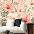 Peach Hibiscus and Monstera Peel and Stick Wallpaper