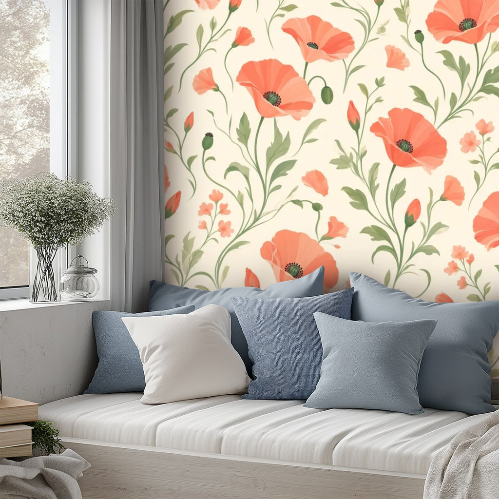 Coral Poppy Garden Peel and Stick Wallpaper