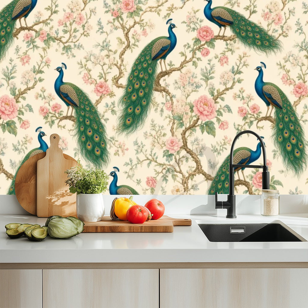 Peacock Chinoiserie Peel and Stick Wallpaper – Grand Botanical & Heritage Maximalist Decor