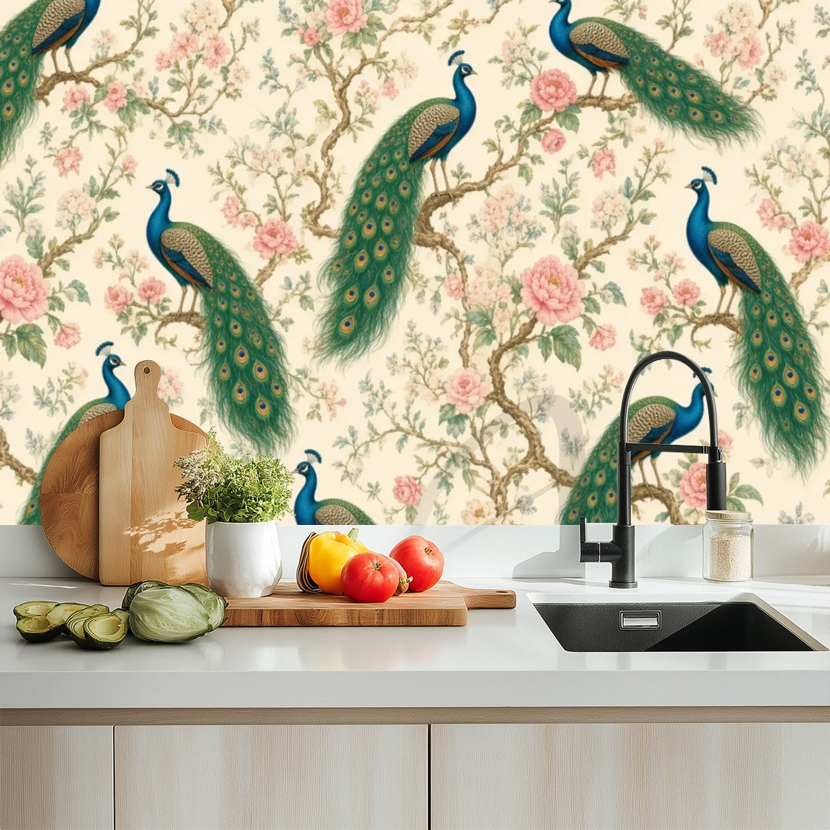 Peacock Chinoiserie Peel and Stick Wallpaper – Grand Botanical & Heritage Maximalist Decor