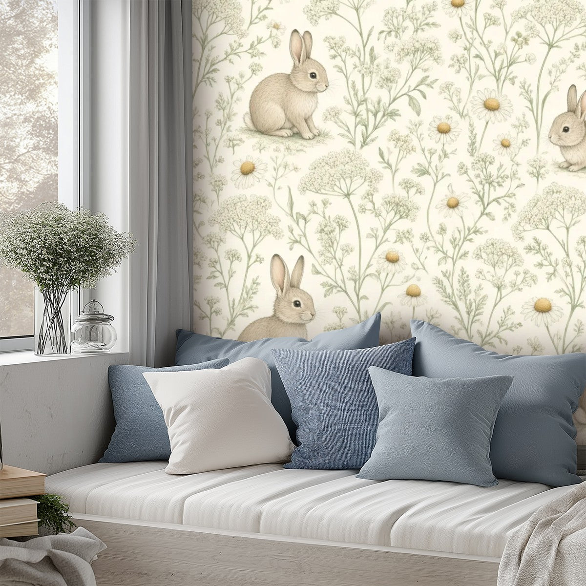 Bunny Wildflower Meadow Peel and Stick Wallpaper – Soft Scandi Nature & Sweet Nursery Decor