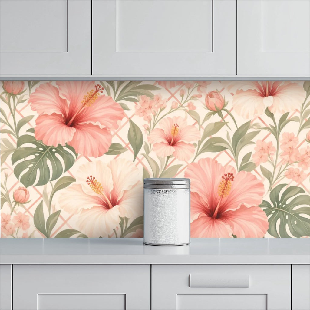 Peach Hibiscus and Monstera Peel and Stick Wallpaper