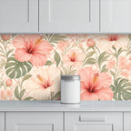 Peach Hibiscus and Monstera Peel and Stick Wallpaper