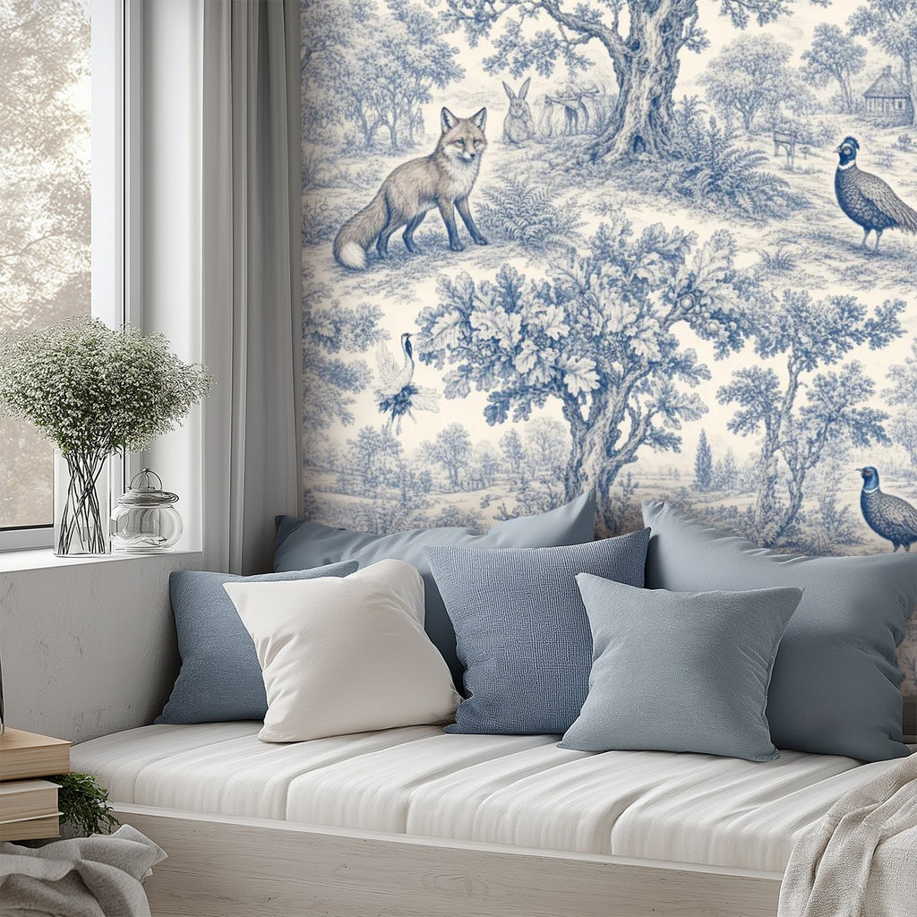 Blue & White Toile de Jouy Peel and Stick Wallpaper – Classic Countryside & Grand Heritage Decor