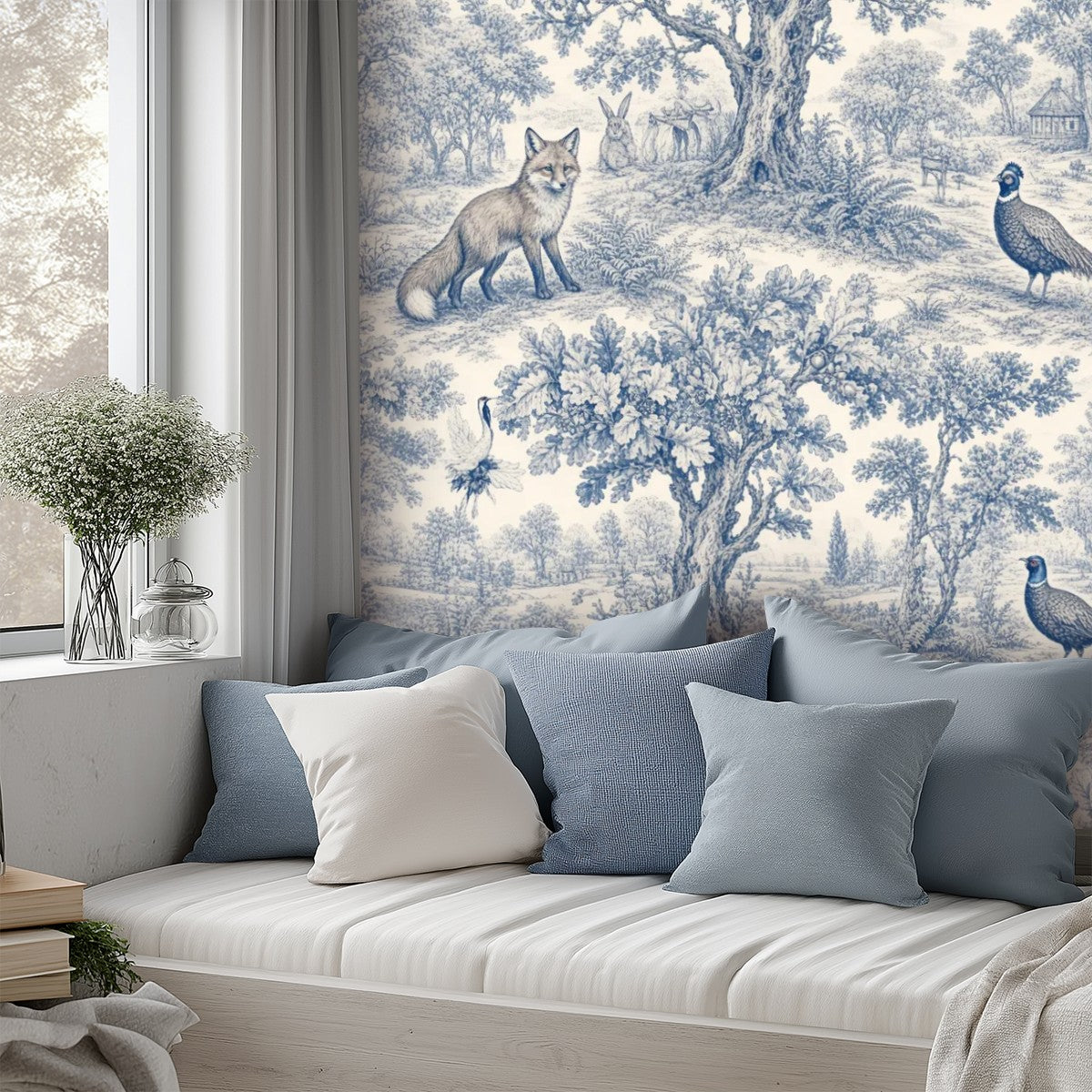 Blue & White Toile de Jouy Peel and Stick Wallpaper – Classic Countryside & Grand Heritage Decor