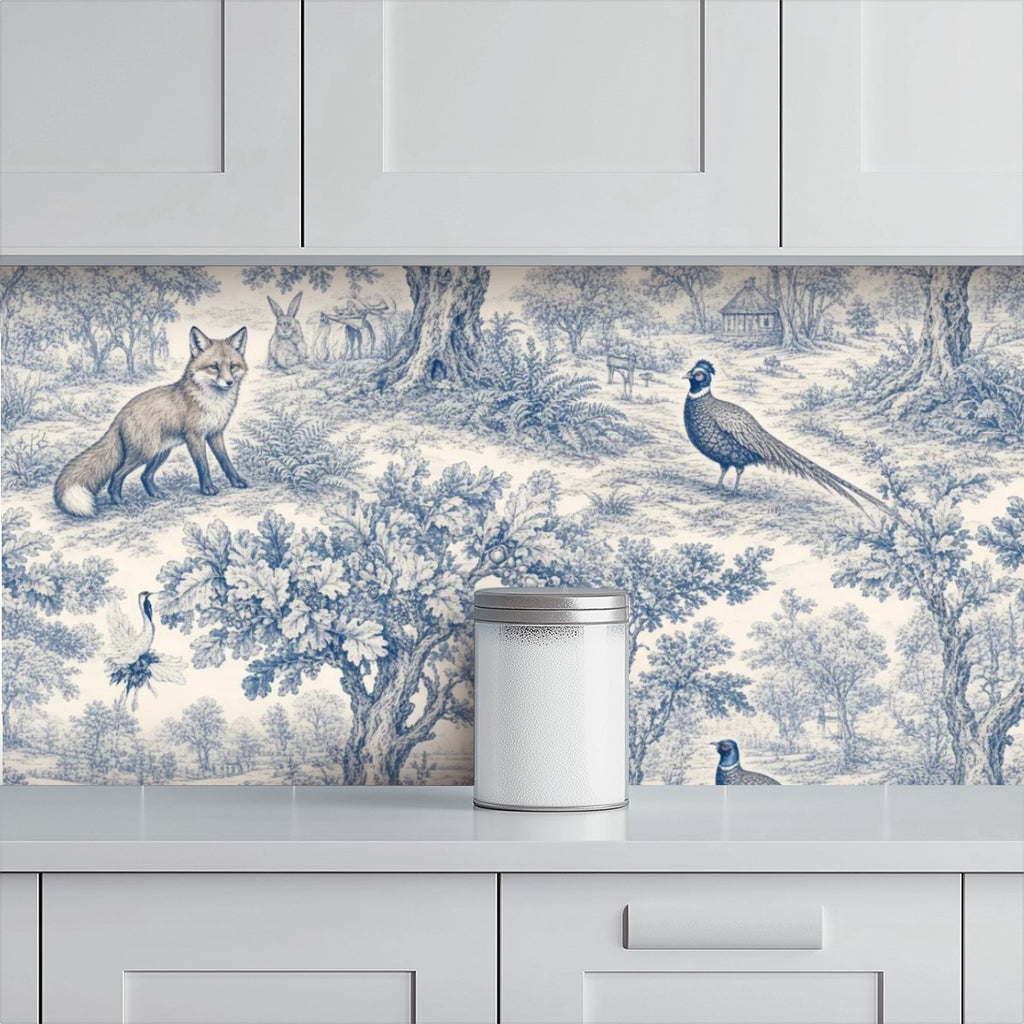 Blue & White Toile de Jouy Peel and Stick Wallpaper – Classic Countryside & Grand Heritage Decor