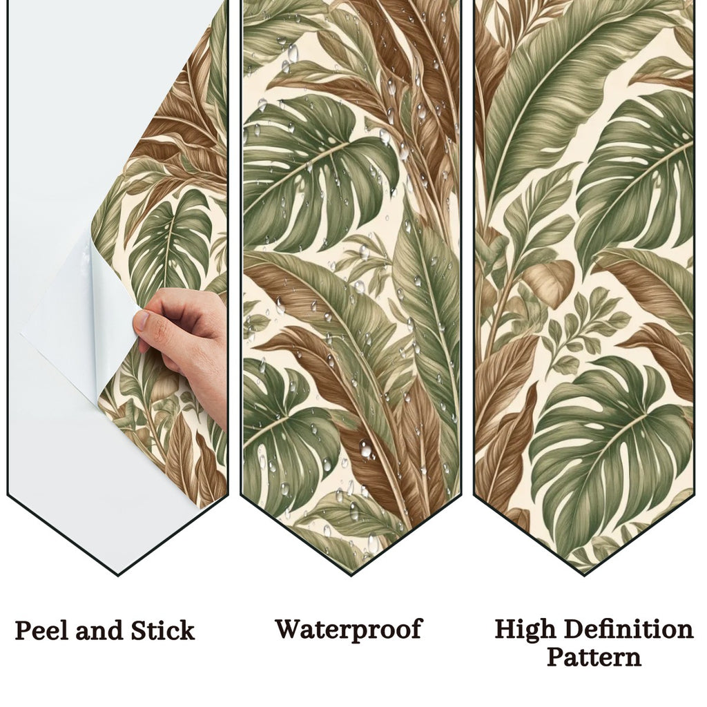 Oversized Monstera & Banana Leaf Peel and Stick Wallpaper | Sage Green & Brown Tropical Boho