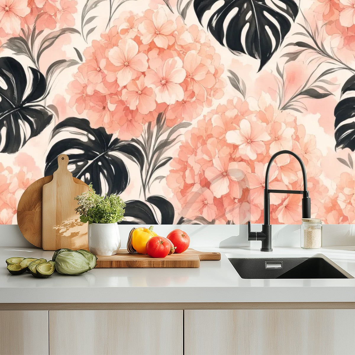 Blush Hydrangea Monstera Peel and Stick Wallpaper