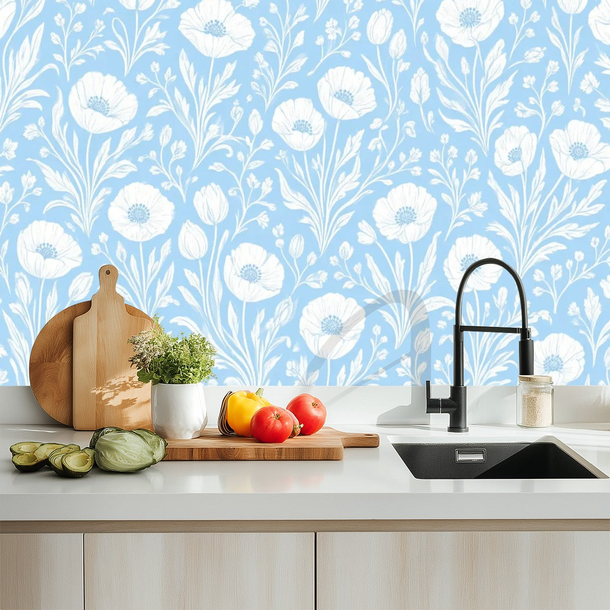 Sky Blue Wildflower Peel and Stick Wallpaper