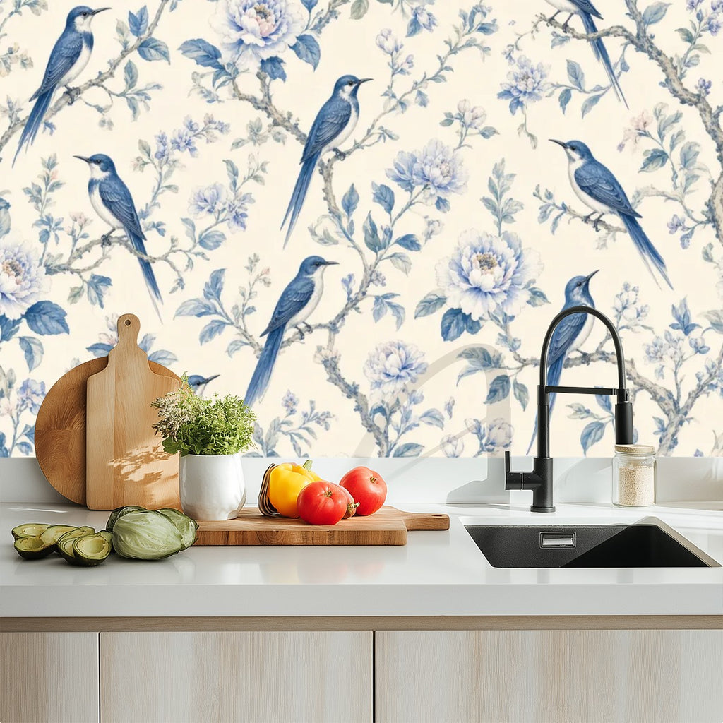 Indigo Birds & Botanical Peel and Stick Wallpaper – Moody Nature & Sophisticated Heritage Decor