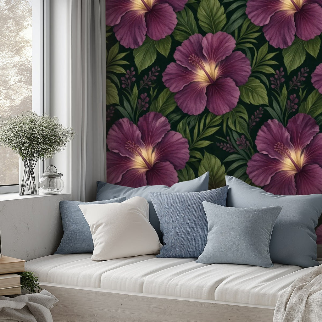 Dark Plum Hibiscus Tropical Peel and Stick Wallpaper