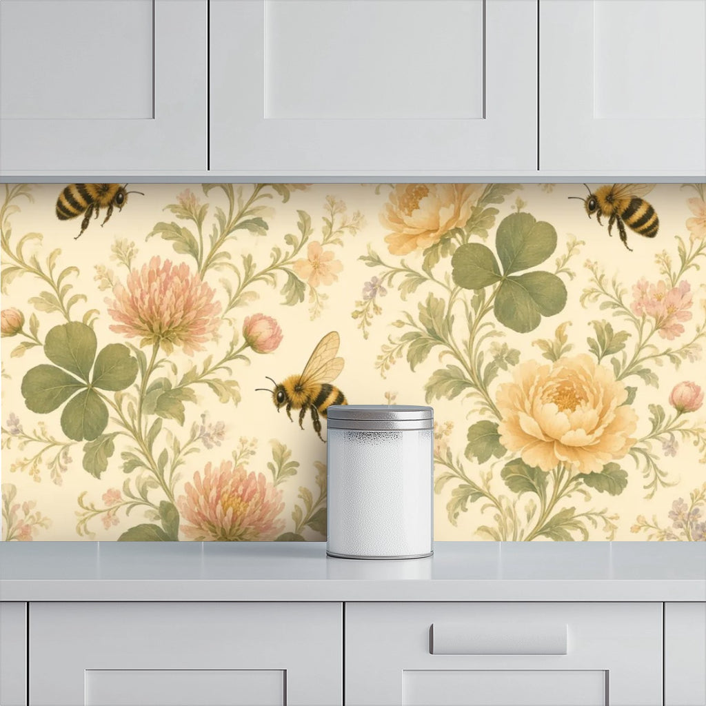 Honey Bee Botanical Peel and Stick Wallpaper – Soft Watercolour Floral & Warm Cottage Decor
