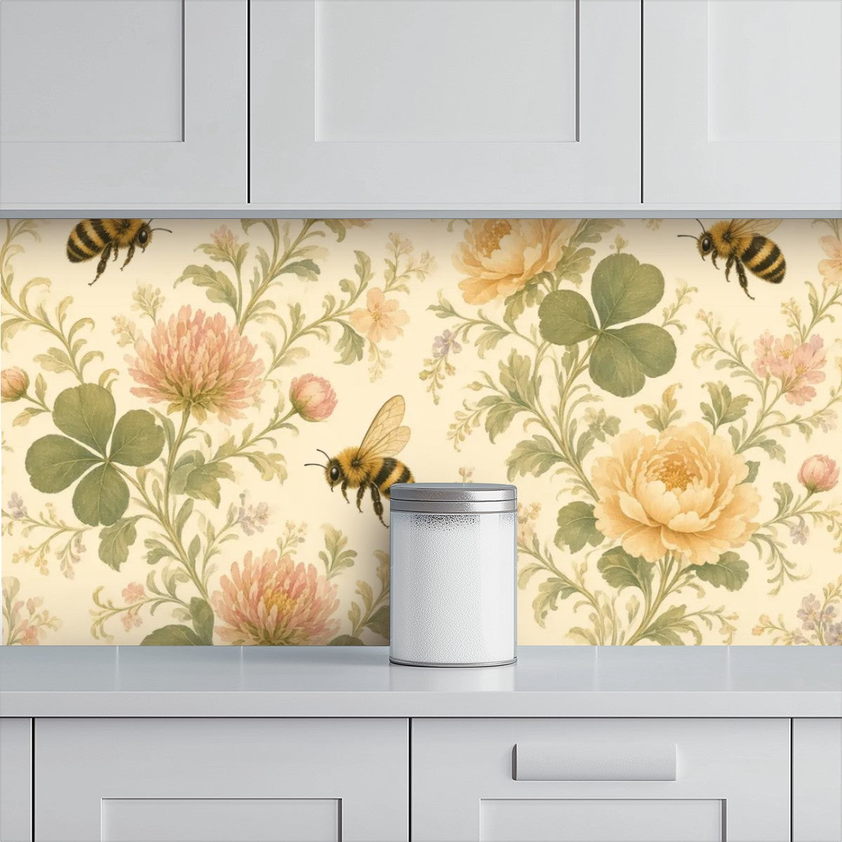 Honey Bee Botanical Peel and Stick Wallpaper – Soft Watercolour Floral & Warm Cottage Decor