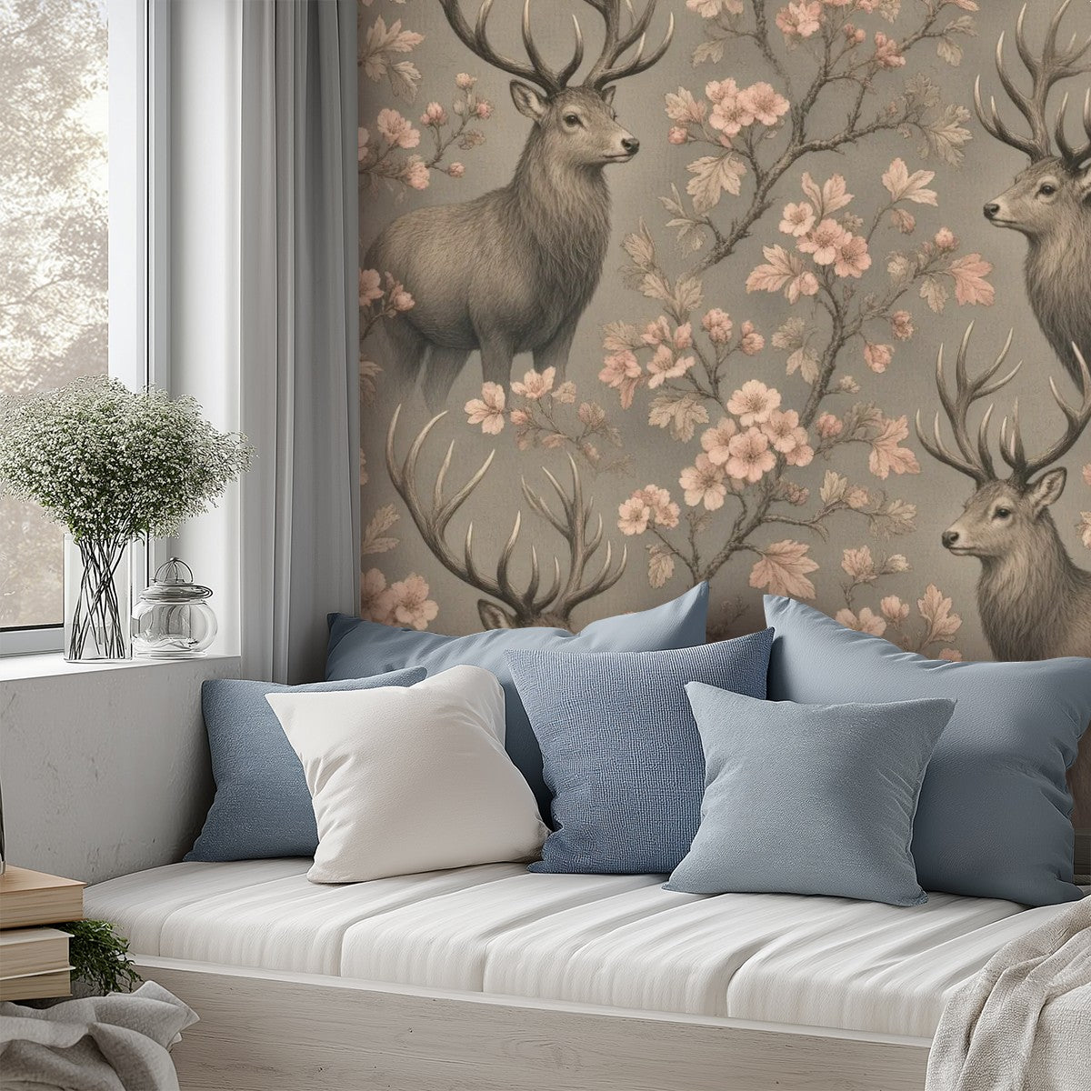 Stag & Blossom Peel and Stick Wallpaper – Moody Floral & Grand Heritage Nature Decor