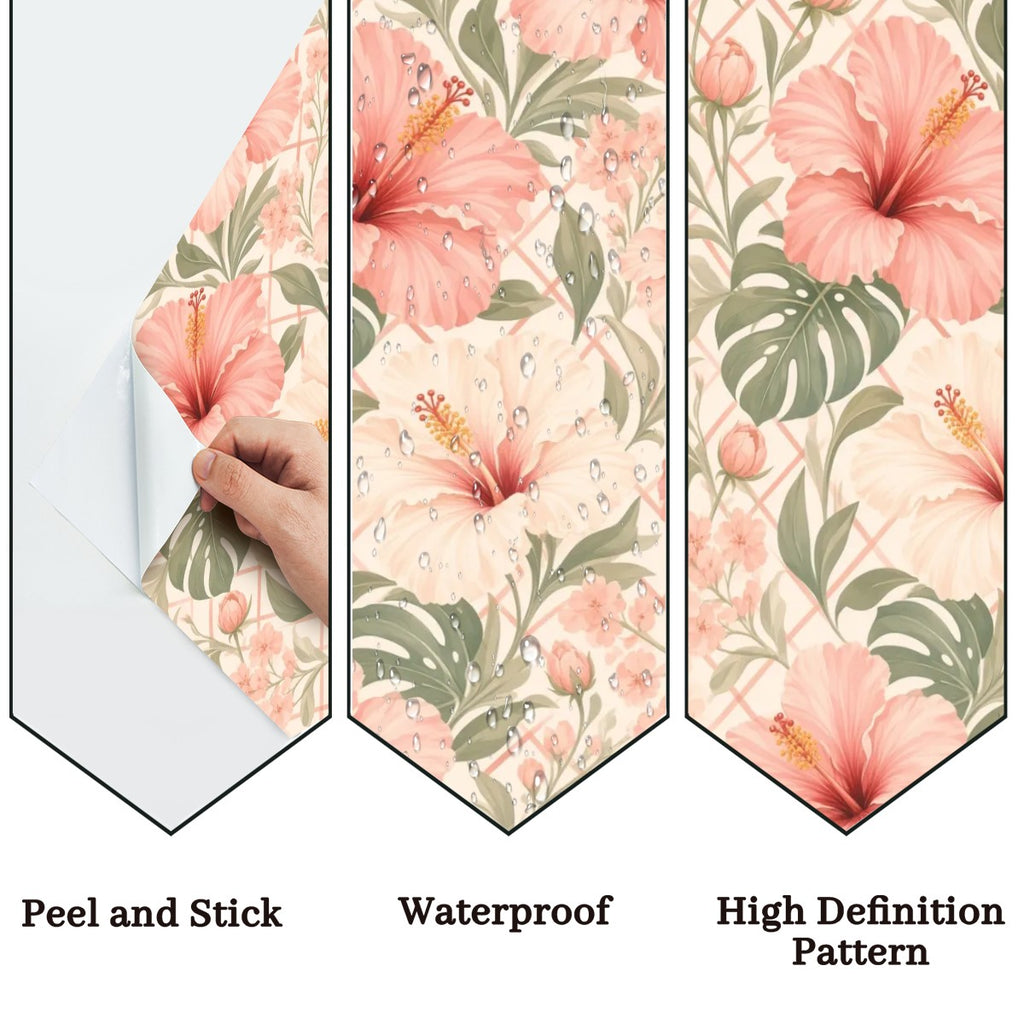 Peach Hibiscus and Monstera Peel and Stick Wallpaper
