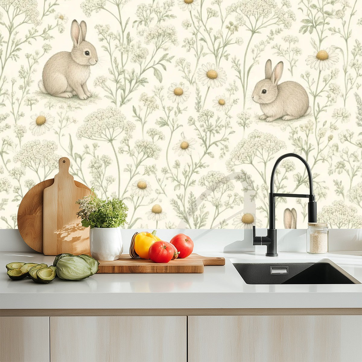 Bunny Wildflower Meadow Peel and Stick Wallpaper – Soft Scandi Nature & Sweet Nursery Decor