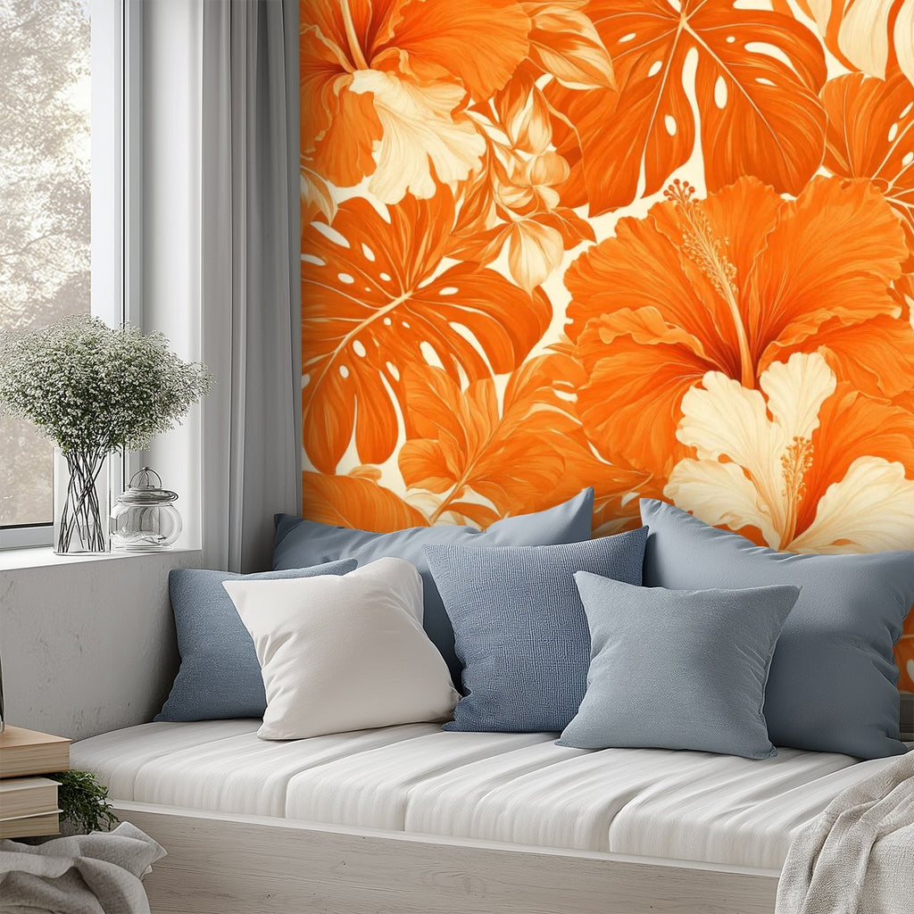 Orange Hibiscus Tropical Peel and Stick Wallpaper