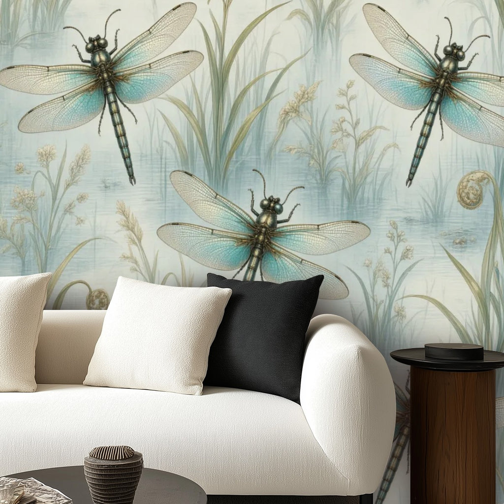 Dragonfly Celadon Peel and Stick Wallpaper – Zen Botanical & Nature-Inspired Decor