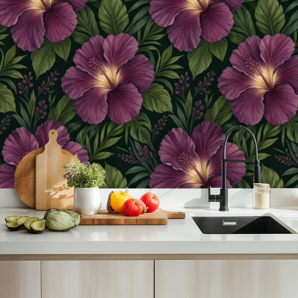 Dark Plum Hibiscus Tropical Peel and Stick Wallpaper