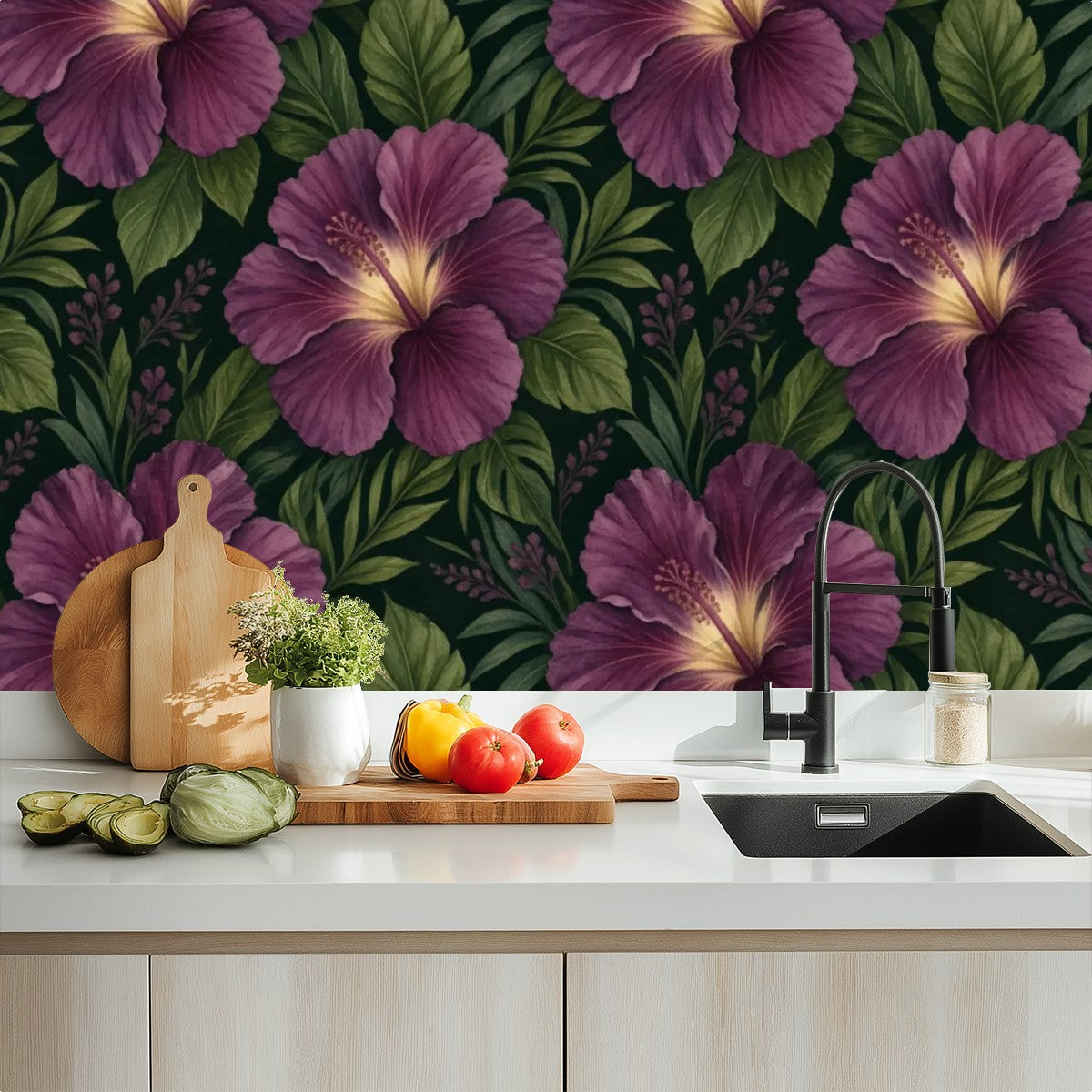 Dark Plum Hibiscus Tropical Peel and Stick Wallpaper