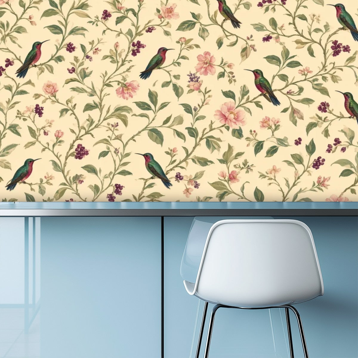 Garden Birds & Roses Peel and Stick Wallpaper – Romantic Botanical & Cottagecore Decor