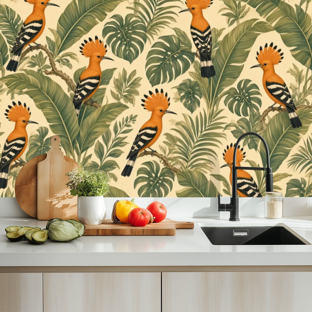 Hoopoe Bird Tropical Jungle Peel and Stick Wallpaper – Exotic Maximalist & Botanical Decor