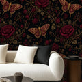 Dark Moth & Rose Peel and Stick Wallpaper – Moody Floral & Gothic Bedroom Decor