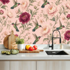 Blush Hummingbird & Peony Peel and Stick Wallpaper – Romantic Floral & Cottagecore Decor