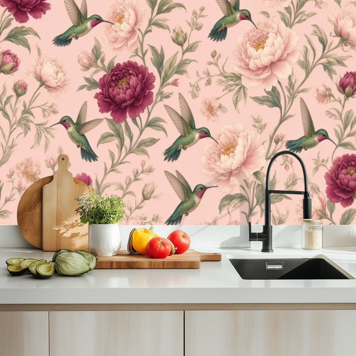 Blush Hummingbird & Peony Peel and Stick Wallpaper – Romantic Floral & Cottagecore Decor