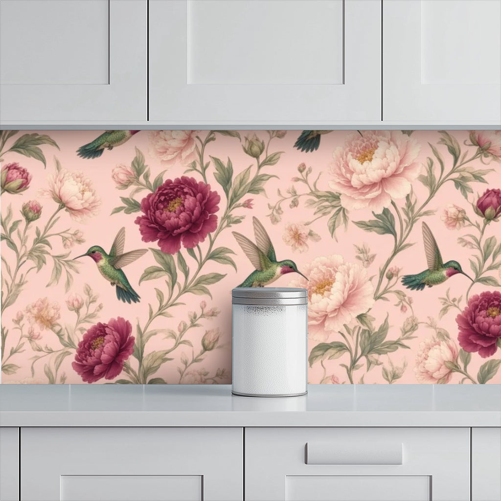Blush Hummingbird & Peony Peel and Stick Wallpaper – Romantic Floral & Cottagecore Decor