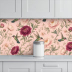 Blush Hummingbird & Peony Peel and Stick Wallpaper – Romantic Floral & Cottagecore Decor