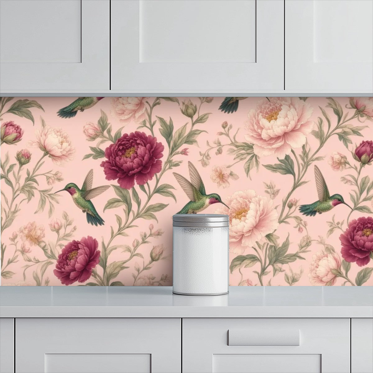 Blush Hummingbird & Peony Peel and Stick Wallpaper – Romantic Floral & Cottagecore Decor
