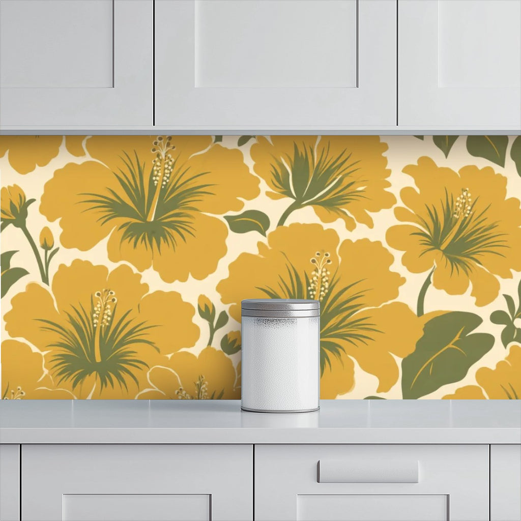 Mustard Vintage Hibiscus Peel and Stick Wallpaper