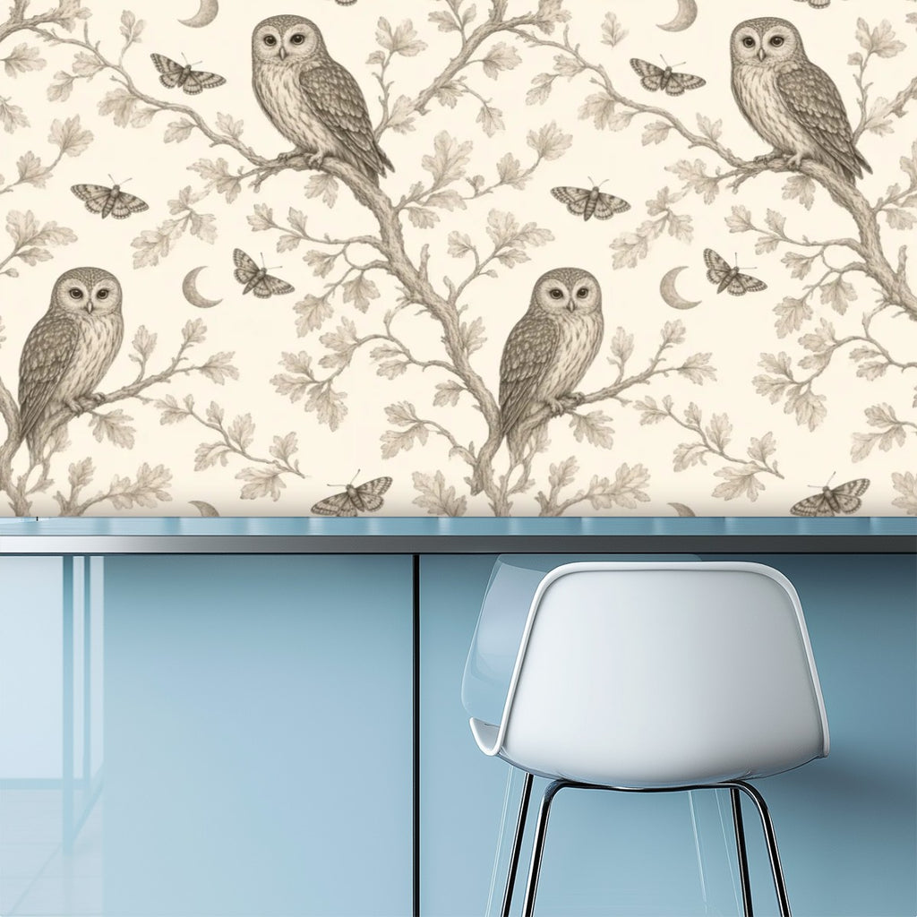 Moonlit Owl & Moths Peel and Stick Wallpaper – Whimsical Nursery & Nature Decor