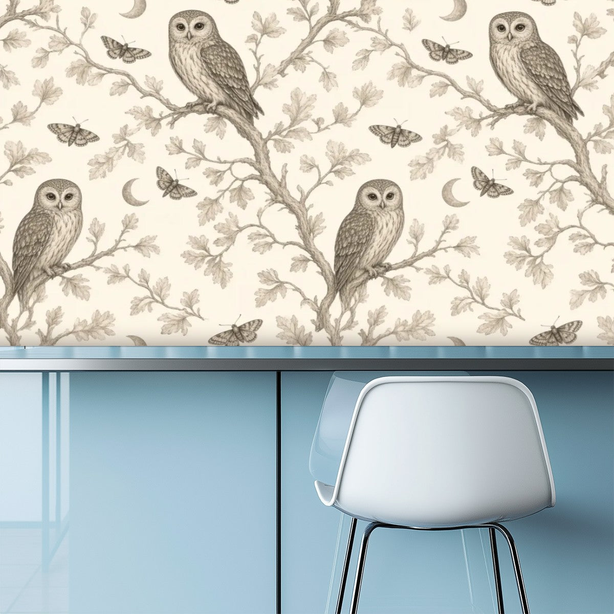 Moonlit Owl & Moths Peel and Stick Wallpaper – Whimsical Nursery & Nature Decor