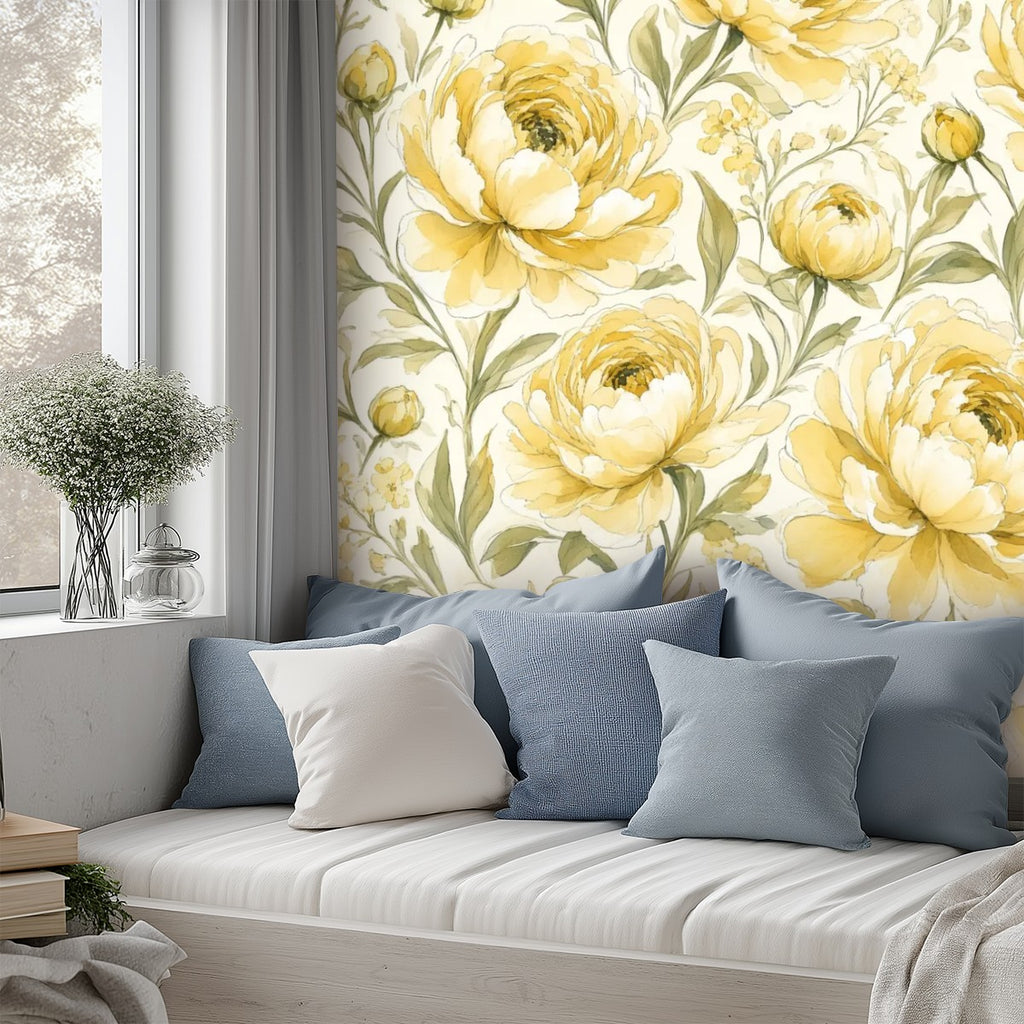 Butter Yellow Peony Garden Peel and Stick Wallpaper