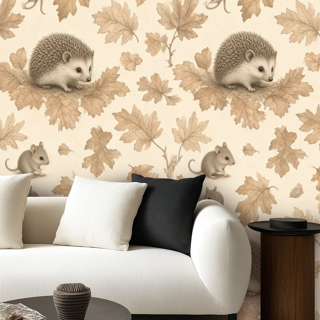 Hedgehog & Autumn Leaves Peel and Stick Wallpaper – Woodland Nursery & Kids Room